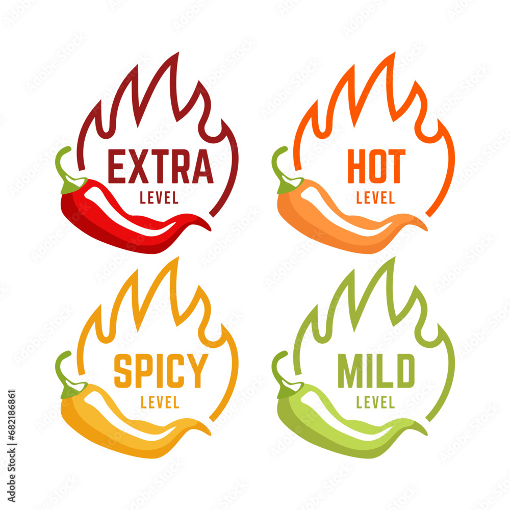 Hot spicy level labels of vector chili. Spicy food or sauce taste scale indicators, green, red, yellow and orange rating signs for hot, extra and mild taste Hot spicy level labels of vector chili. Spicy food or sauce taste scale indicators, green, red, yellow and orange rating signs for hot, extra and mild taste