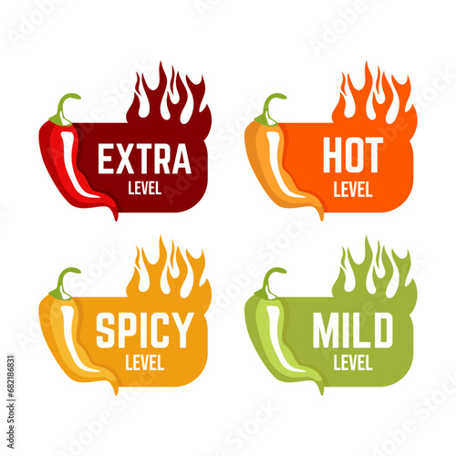 Hot spicy level labels of vector chili. Spicy food or sauce taste scale indicators, green, red, yellow and orange rating signs for hot, extra and mild taste