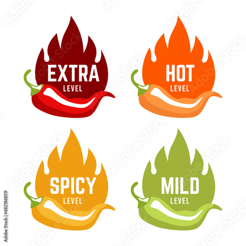 Hot spicy level labels of vector chili. Spicy food or sauce taste scale indicators, green, red, yellow and orange rating signs for hot, extra and mild taste