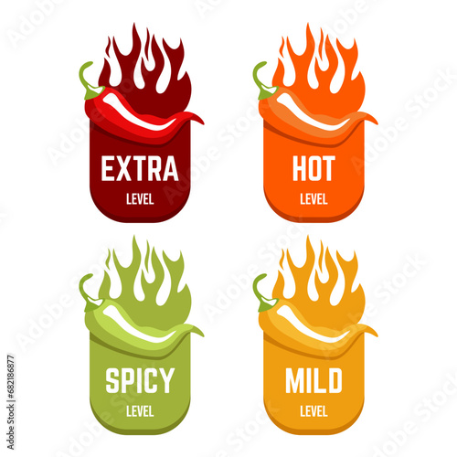 Hot spicy level labels of vector chili. Spicy food or sauce taste scale indicators, green, red, yellow and orange rating signs for hot, extra and mild taste