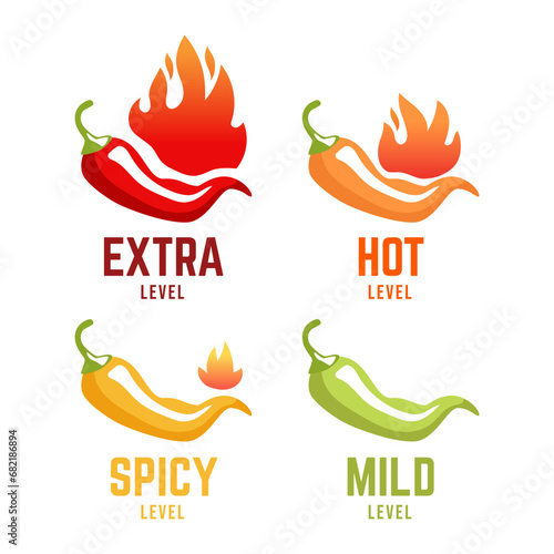 Hot spicy level labels of vector chili. Spicy food or sauce taste scale indicators, green, red, yellow and orange rating signs for hot, extra and mild taste
