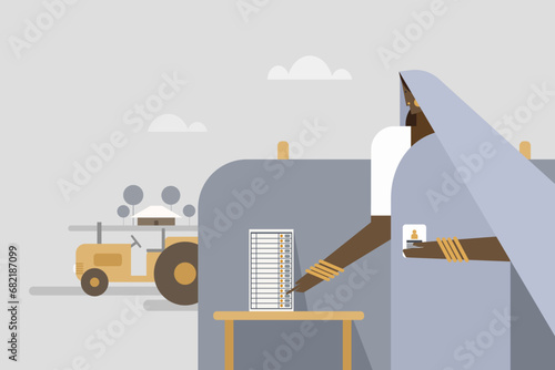 Illustration of a woman from rural India casting vote in an electronic voting machine