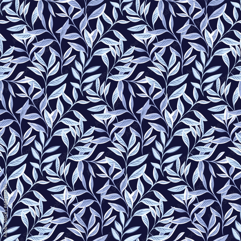 Abstract, modern, creative, artistic, garden leaves stem seamless pattern. Tapestry leaves seamless pattern on a dark blue  background. Vector hand drawn.
