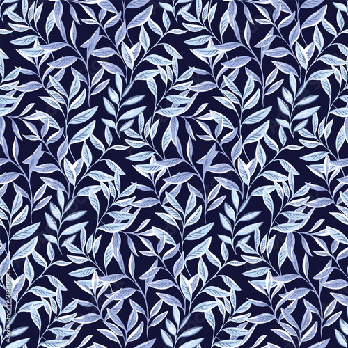 Abstract, modern, creative, artistic, garden leaves stem seamless pattern. Tapestry leaves seamless pattern on a dark blue background. Vector hand drawn.
