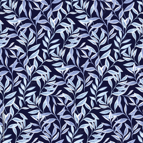 Abstract, modern, creative, artistic, garden leaves stem seamless pattern. Tapestry leaves seamless pattern on a dark blue  background. Vector hand drawn.