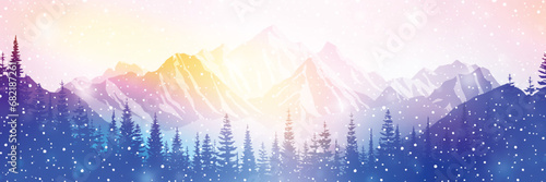 Winter mountain landscape, forest and sunset sky, blizzard and snowfall, panoramic view