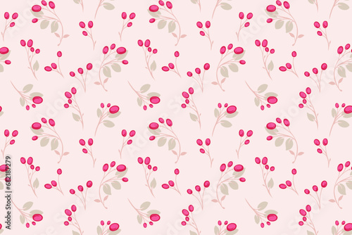 Seamless minimalist, simple, gently light pattern. Abstract tiny twigs leaves berries, with drops, dots, spots. Vector hand drawn. Template for textile, fashion, surface design fabric