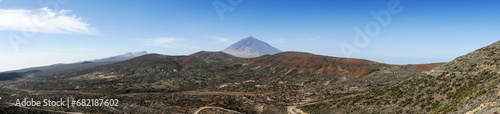 Panoramic wide close up view on volcano pico del teide highest spanish mountain in Tenerife Canary island. Spain