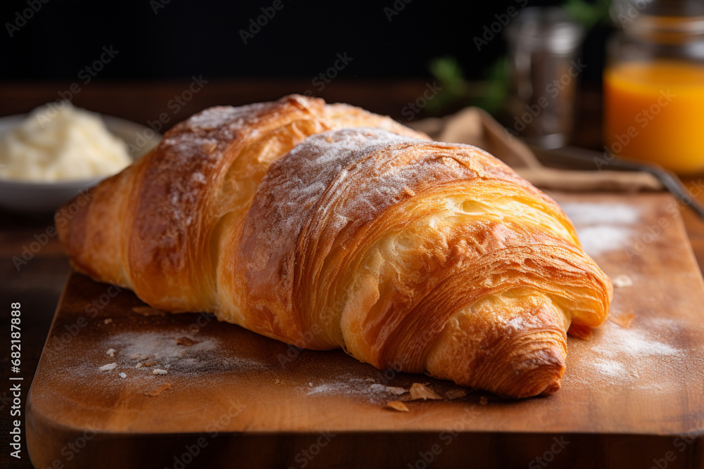 The croissant bread on the wooden plate on the table looked most appetizing. The croissant bread on the wooden plate on the table looked most appetizing.