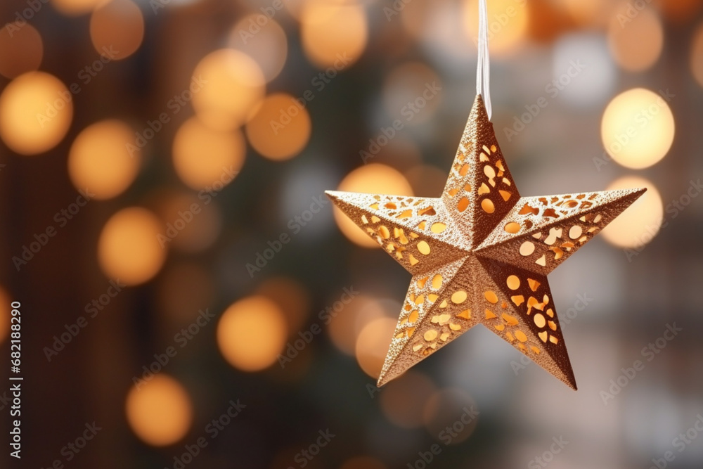 Selective focus shot of star ornament hanging on christmas tree Selective focus shot of star ornament hanging on christmas tree