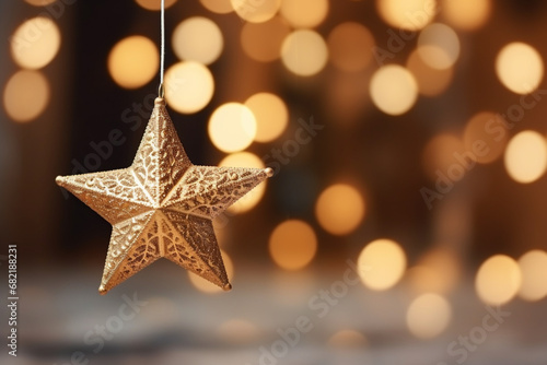 Selective focus shot of star ornament hanging on christmas tree