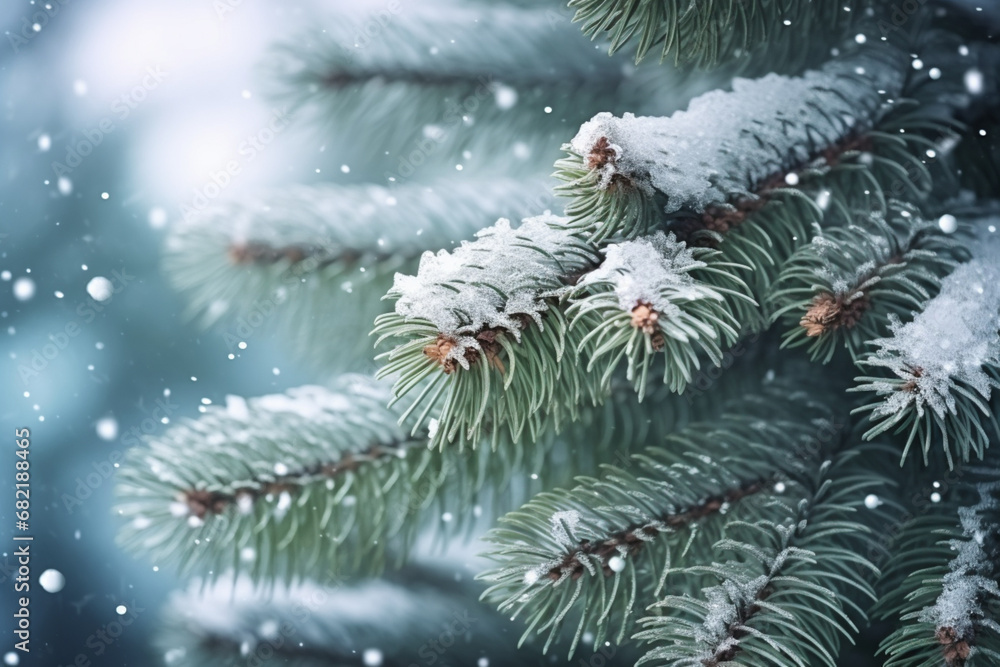 Snowflakes settling on pine branches under soft winter moonlight