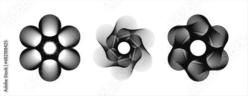 An abstract vector illustration features a geometric spiral composed in white lines against a black background. This stylish design element is well-suited for framing, circular icons, and symbols