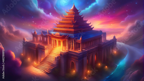 Fantasy art of an old hindu temple, high angle view. 