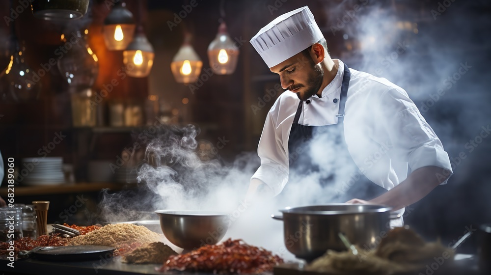 Chef wearing uniform cooking in modern interior kitchen with white steam drifting around, Generative Ai Chef wearing uniform cooking in modern interior kitchen with white steam drifting around, Generative Ai