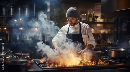 Chef wearing uniform cooking in modern interior kitchen with white steam drifting around  Generative Ai