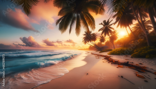 Abandoned tropical beach at sunrise, with gentle waves hitting the white sand. Palm trees framing the scene, with a colorful sky in the background