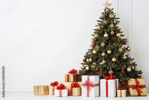 decorated Christmas tree with gift boxes on white background © Uzair