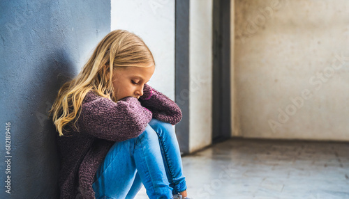 A young girl sits alone with a sad feeling at school near the wall. Offended child abandoned in the corridor and bent against a brick wall. Bullying, discrimination with copy space