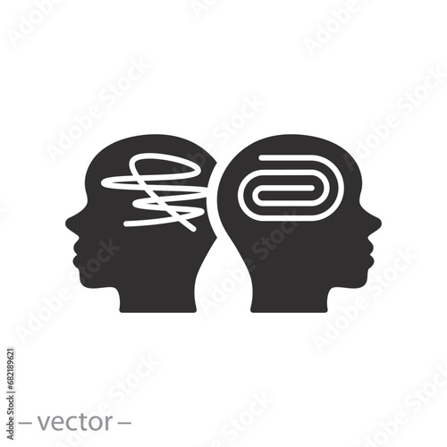 bipolar disorder or order in head icon, mental health, human calm or anxiety, flat symbol on white background - editable stroke vector illustration