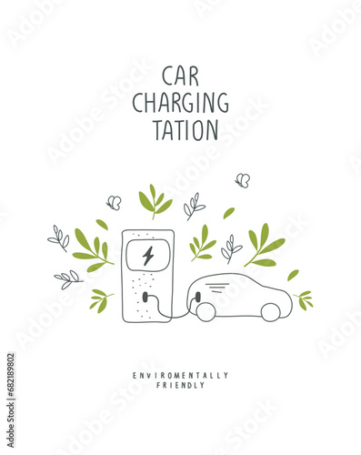 Vector illustration of Environmentally friendly planet concept. Green sprouts leaves and a sketch of charging station with elecrtic car. Think Green. Alternative energy concept.
 
