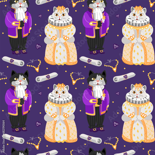 Pattern of a cat and a kitty in retro costumes for the ball. The outfits of the queen and the courtier of the 19th century. Animals in ballroom outfits and objects are repeated. Necklace, Letter