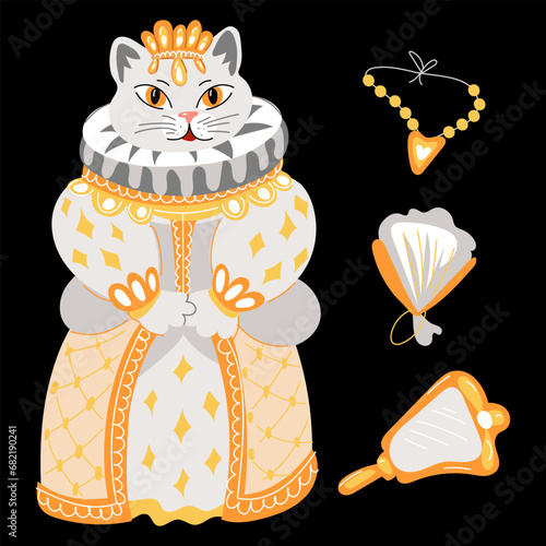 A cat in a retro ballroom costume. The outfit of the queen of the 19th century with additional accessories. Mirror, fan, necklace. Ballroom outfits. Animals in ball gowns on a black background