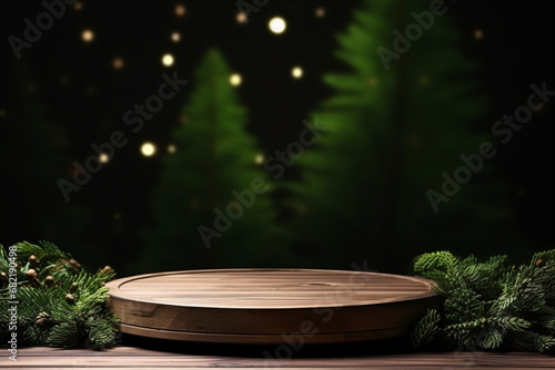 Christmas elegant and natural podium with tree stage display mockup with lightbranches of spruce pine