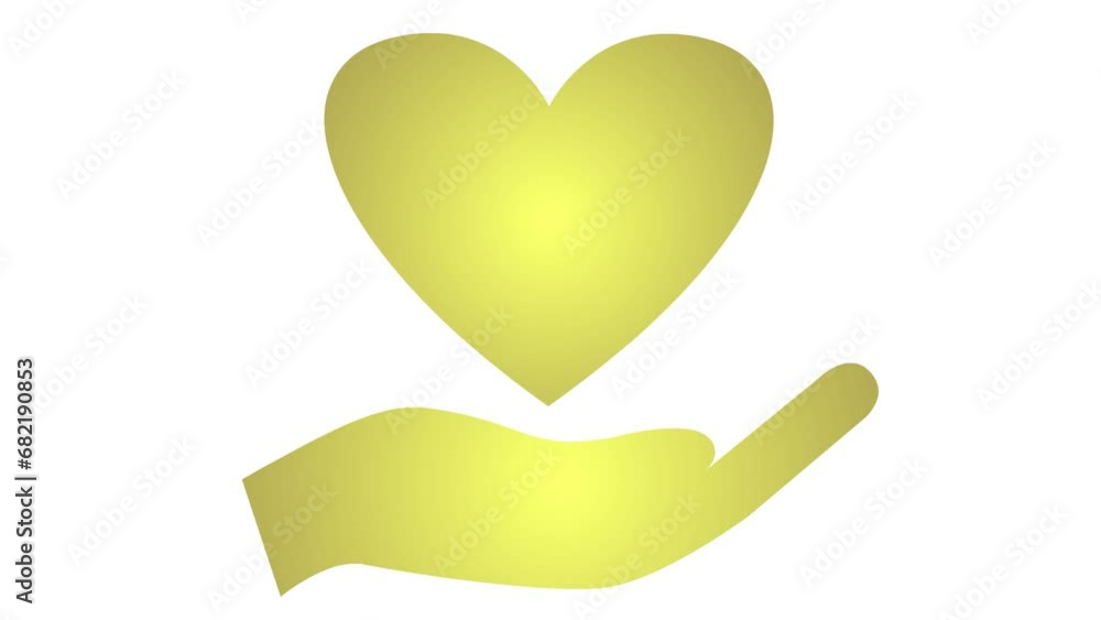 Animated gold pounding heart on palm. Looped video of heart beating. Concept of charity, health, medicine. Vector illustration isolated on the white background.