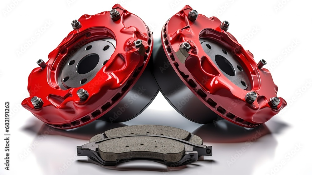 Fototapeta premium Car brakes. Red caliper and pads. Dsk braking system parts. gene