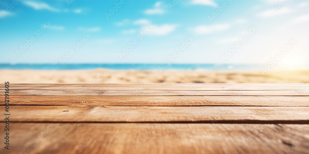 Wood table mockup with blue soft sky background. Empty copy space for product presentation. Generative AI Wood table mockup with blue soft sky background. Empty copy space for product presentation. Generative AI