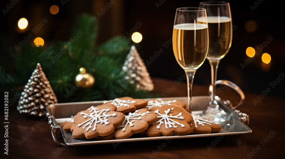 Champagne glasses with box of christmas gingerbread