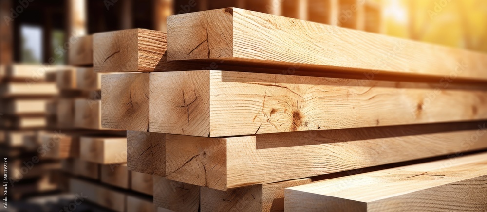 In the heart of the manufacturing industry, a timber mill constructs sturdy oak lumber boards from the finest hardwood, showcasing the intricate grain and rich texture of the deciduous wood. Leafs of In the heart of the manufacturing industry, a timber mill constructs sturdy oak lumber boards from the finest hardwood, showcasing the intricate grain and rich texture of the deciduous wood. Leafs of