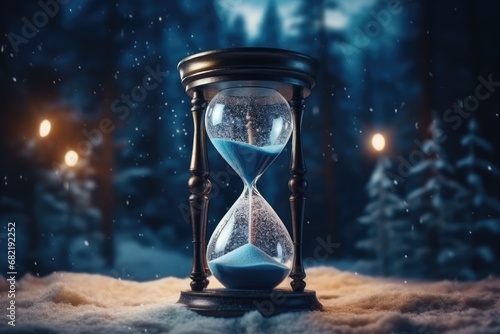 hourglass in winter snowy background