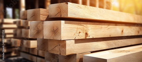In the heart of the manufacturing industry, a timber mill constructs sturdy oak lumber boards from the finest hardwood, showcasing the intricate grain and rich texture of the deciduous wood. Leafs of photo