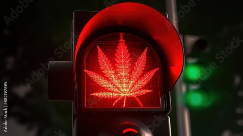 Cannabis leaf on red traffic light. Cannabis and marijuana prohi photo