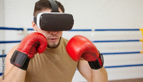 A boxer in 3D virtual reality glasses is engaged in boxing. Digital technology in sport
