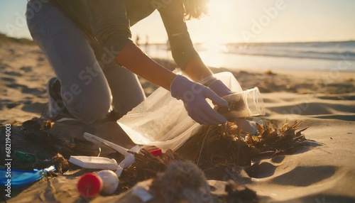 Beach cleanup mission Human hands gather waste for a cleaner coast