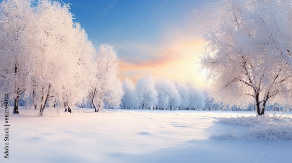 winter landscape, the background is painted in a pristine white as the sun shines sky, casting a warm glow on the beautiful outdoor scene of snow covered trees and nature.