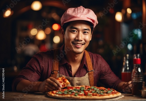 Handsome chef men making pizza, Blurred restaurant on the background