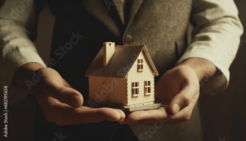  Hand holding a toy house. Real estate sale concept 