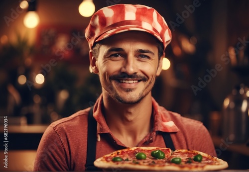 Handsome chef men making pizza, Blurred restaurant on the background photo