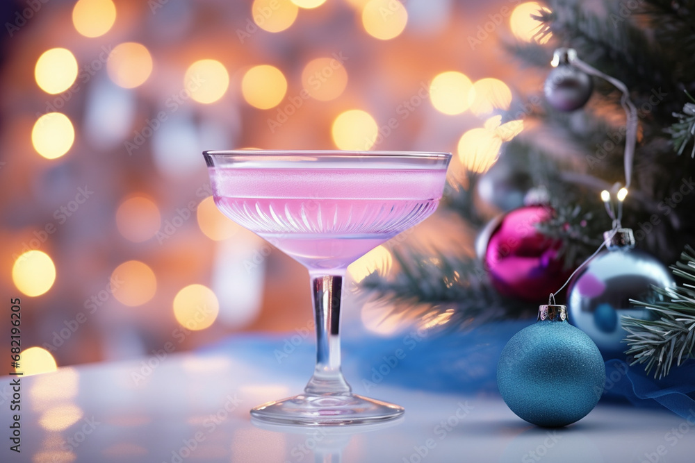 cocktail on white table, christmas tree and lights on background blue and pink, pastel created with Generative Ai cocktail on white table, christmas tree and lights on background blue and pink, pastel created with Generative Ai