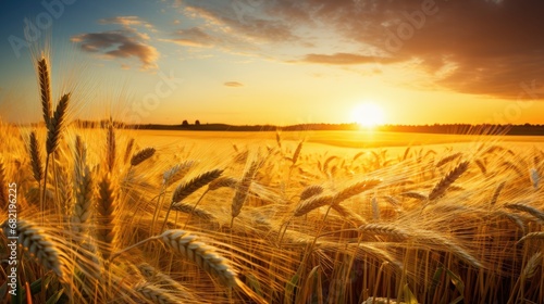 golden rays of the summer sunset, against a backdrop of autumns colorful landscape, a picturesque farm emerges, where healthy wheat plants grow bountifully, ensuring a prosperous agriculture and