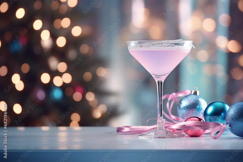 cocktail on white table, christmas tree and lights on background blue and pink, pastel created with Generative Ai cocktail on white table, christmas tree and lights on background blue and pink, pastel created with Generative Ai