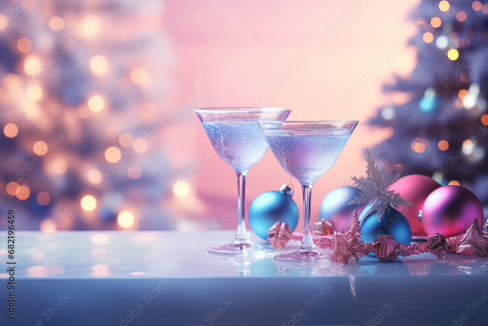cocktail on white table, christmas tree and lights on background blue and pink, pastel created with Generative Ai cocktail on white table, christmas tree and lights on background blue and pink, pastel created with Generative Ai