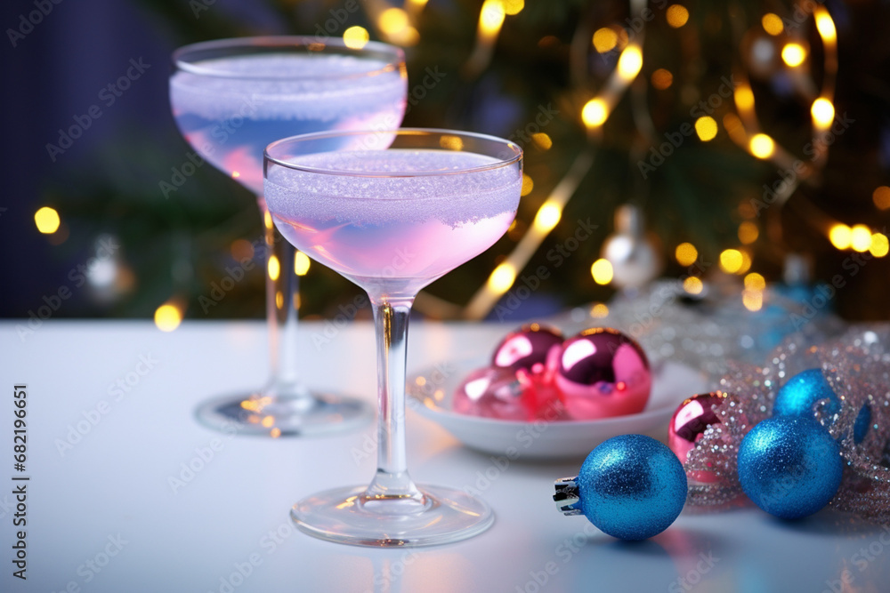 cocktail on white table, christmas tree and lights on background blue and pink, pastel created with Generative Ai cocktail on white table, christmas tree and lights on background blue and pink, pastel created with Generative Ai