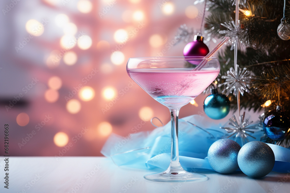 cocktail on white table, christmas tree and lights on background blue and pink, pastel created with Generative Ai cocktail on white table, christmas tree and lights on background blue and pink, pastel created with Generative Ai