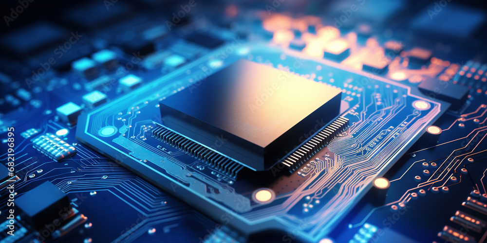 Heart of the Machine: Microprocessor in Cool Glow. Blue motherboard. Generative AI Heart of the Machine: Microprocessor in Cool Glow. Blue motherboard. Generative AI