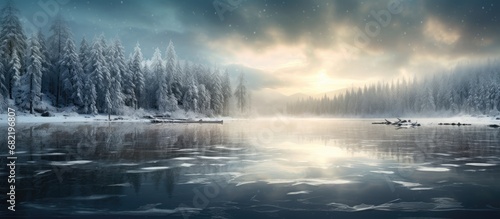 As the traveler stood on the edge of the snow-covered forest, mesmerized by the breathtaking landscape, the light gleaming through the clouds reflected on the glistening snow, creating a surreal © 2rogan